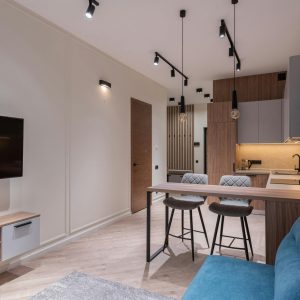 Interior of modern studio with kitchen furniture dining area and lounge with blue sofa